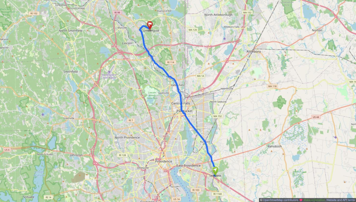 Map of the drive from Seekonk, MA to Cumberland, RI