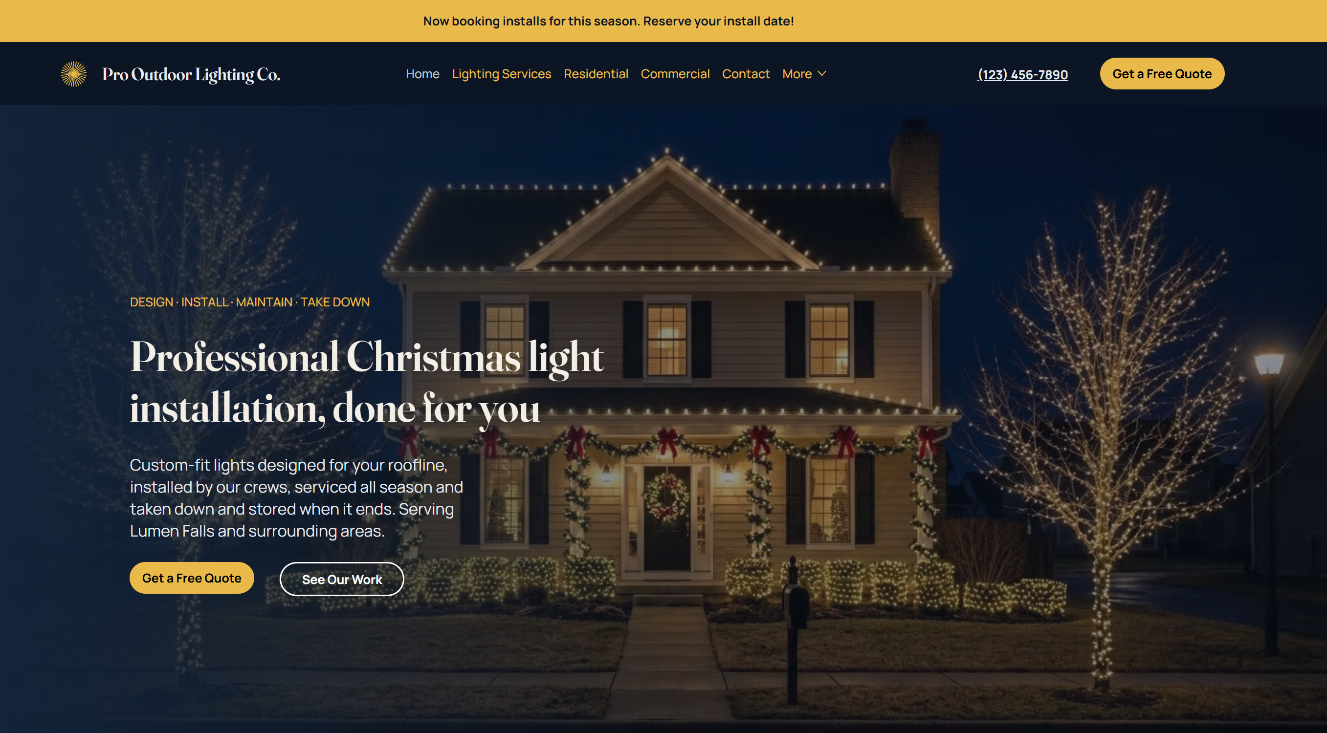 Residential home at twilight decorated with professional Christmas lighting on the roofline and landscaping, creating a warm, festive glow.