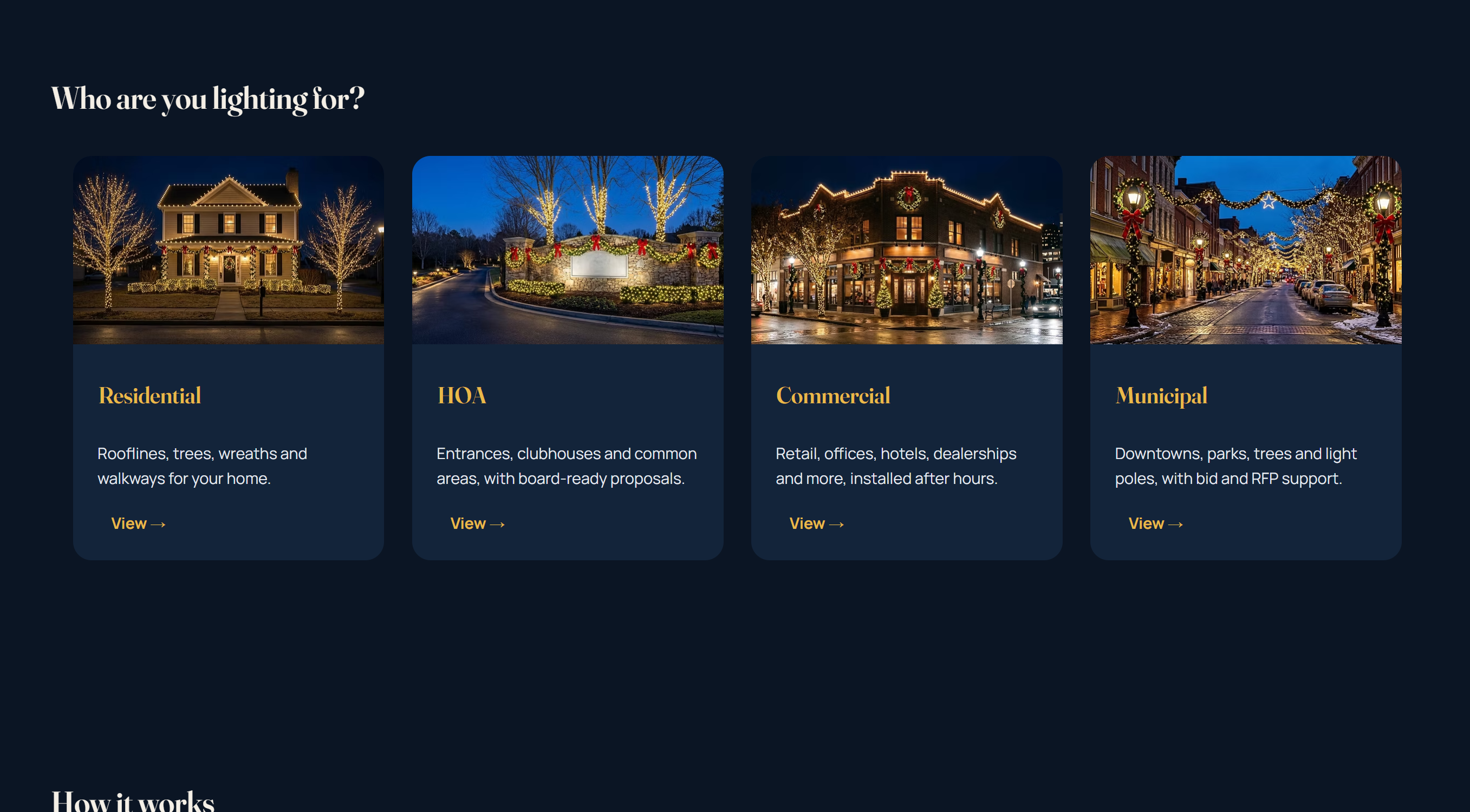 Who are you lighting for section with four audience cards — Residential, HOA, Commercial, and Municipal — each with a photo and description.