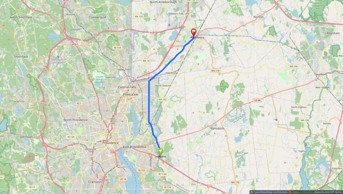 Map of the drive from Seekonk, MA to Attleboro, MA