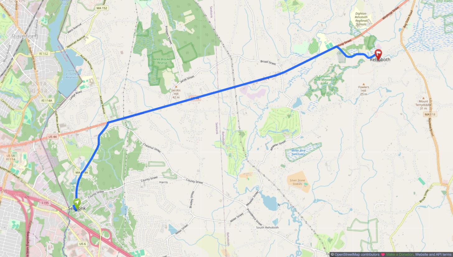 Map of the drive from Seekonk, MA to Rehoboth, MA