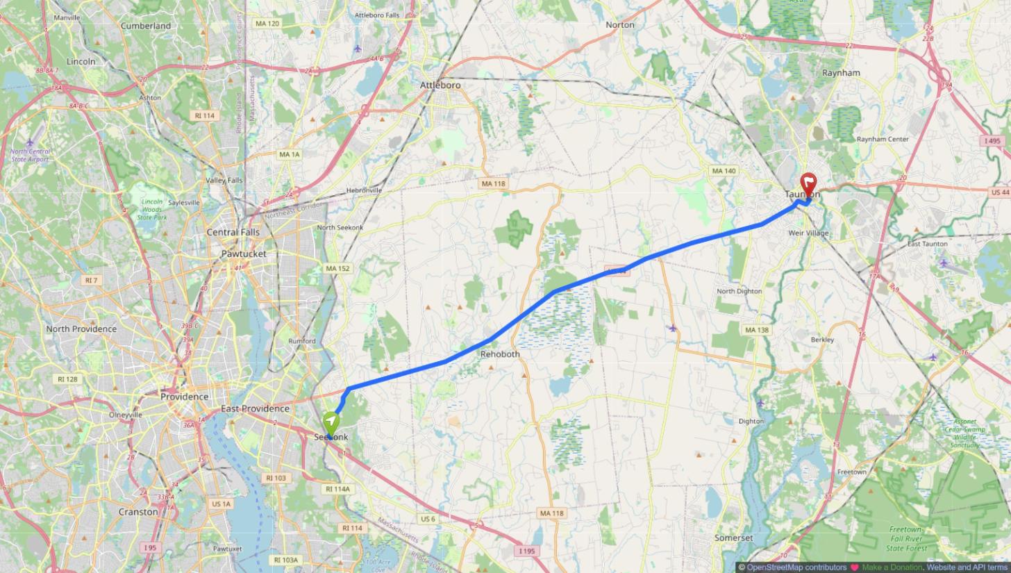 Map of the drive from Seekonk, MA to Taunton, MA