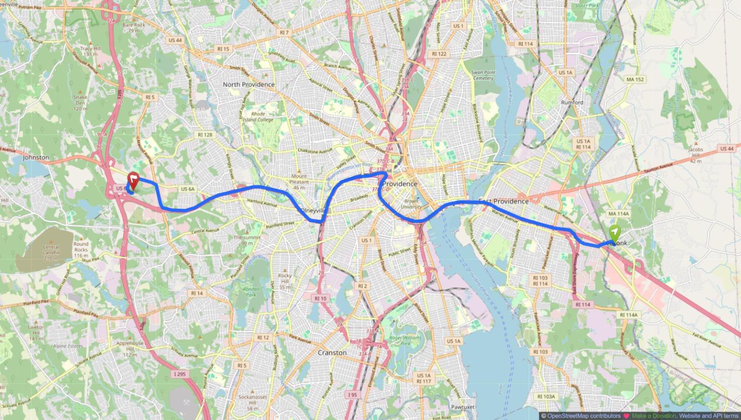 Map of the drive from Seekonk, MA to Johnston, RI