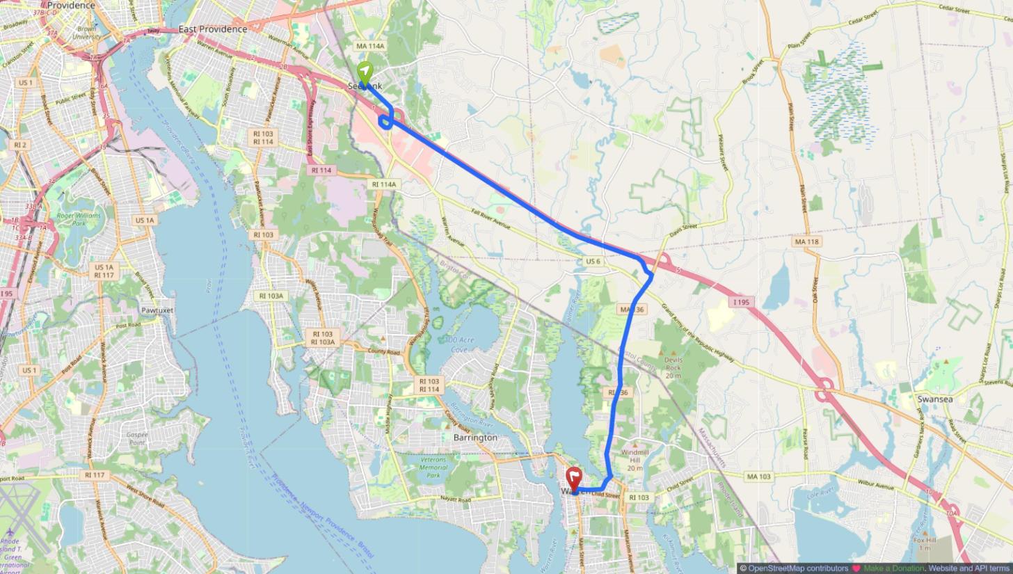 Map of the drive from Seekonk, MA to Warren, RI