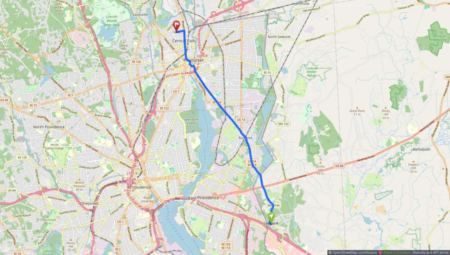 Map of the drive from Seekonk, MA to Central Falls, RI