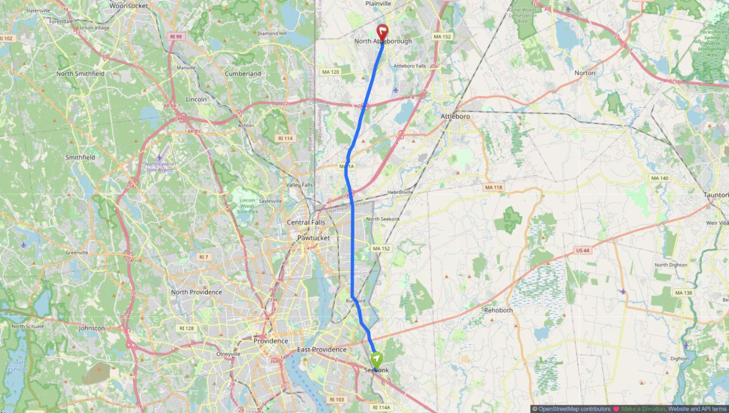 Map of the drive from Seekonk, MA to North Attleborough, MA