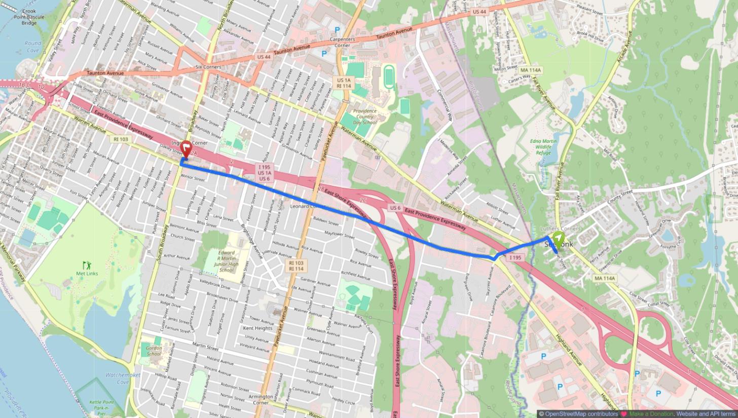 Map of the drive from Seekonk, MA to East Providence, RI