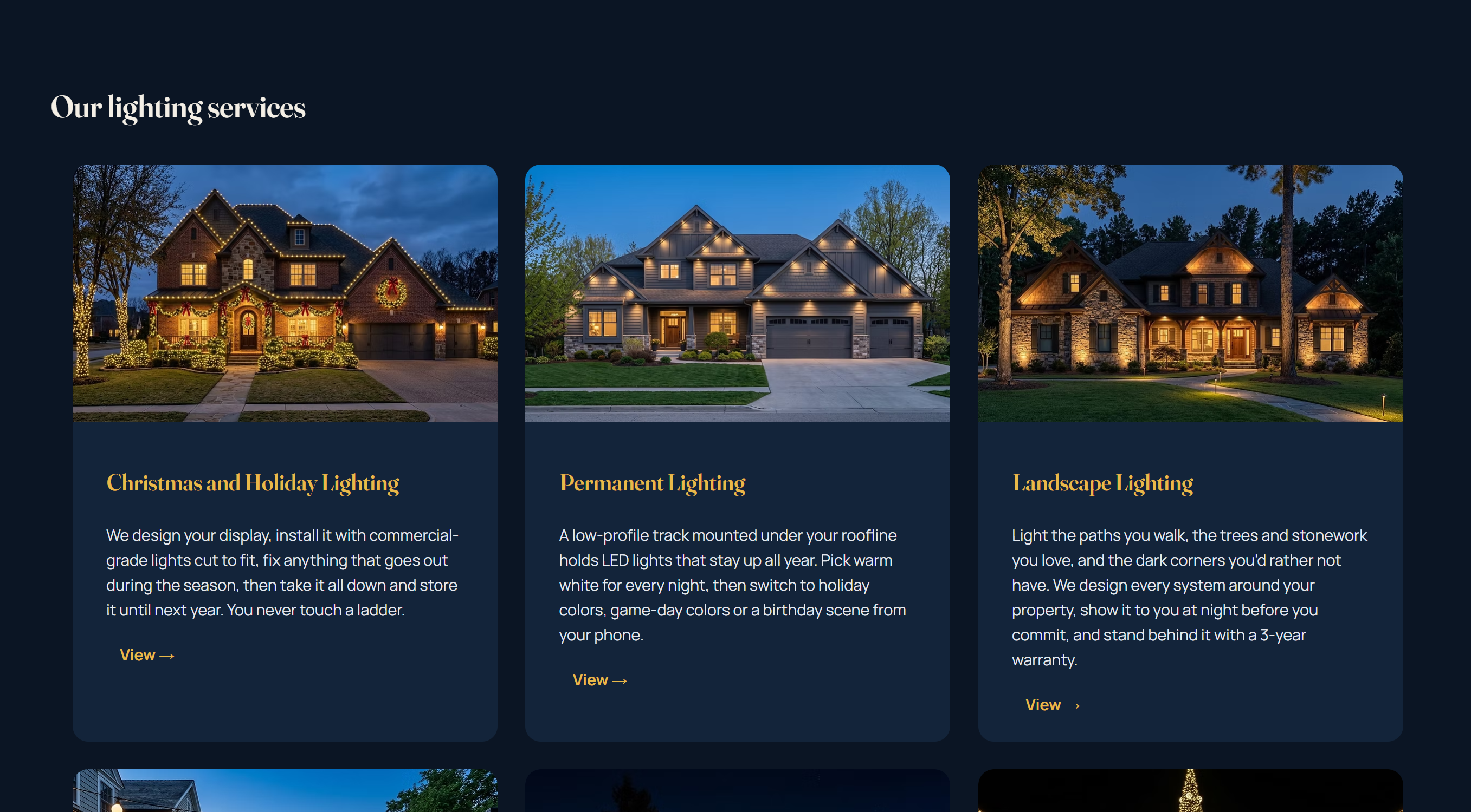 Our lighting services section showing three cards — Christmas and Holiday Lighting, Permanent Lighting, and Landscape Lighting — each with a photo and description.