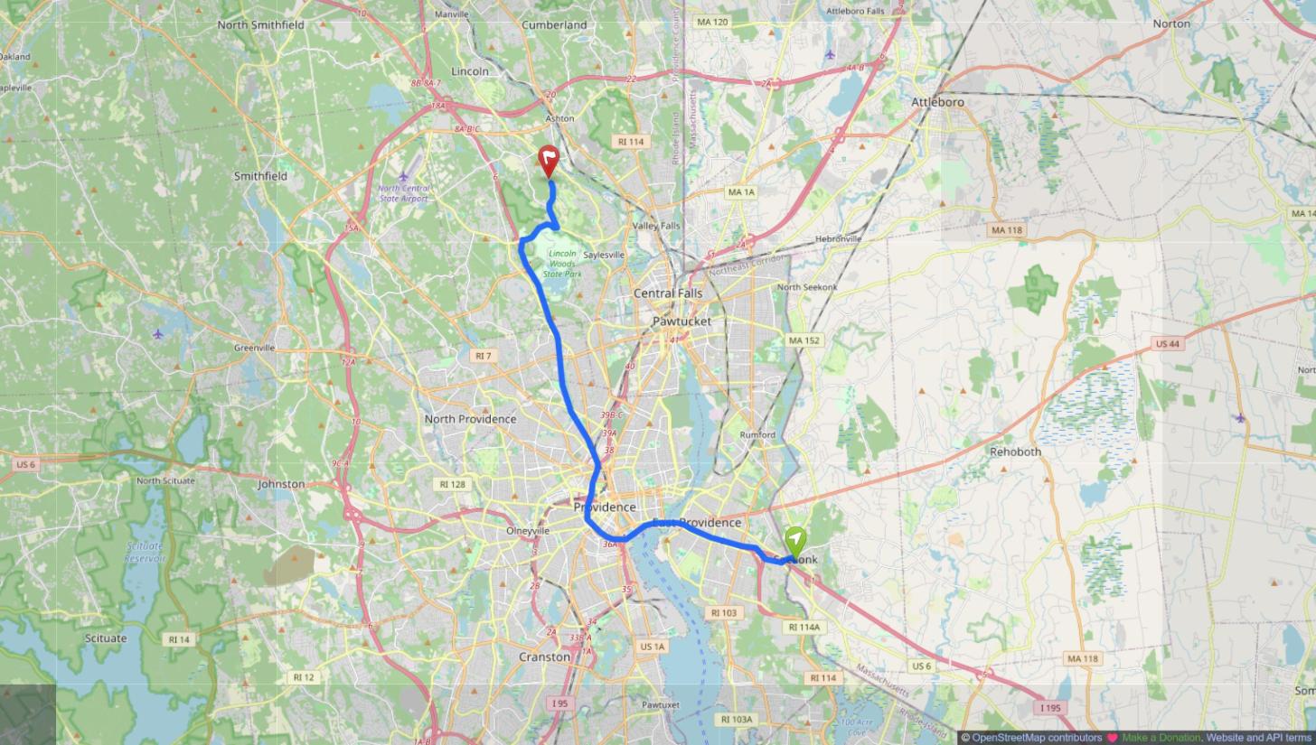 Map of the drive from Seekonk, MA to Lincoln, RI