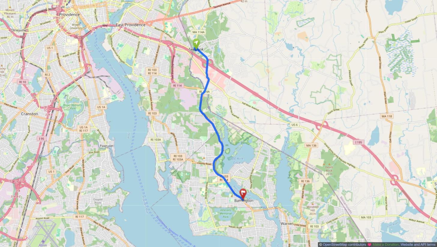 Map of the drive from Seekonk, MA to Barrington, RI