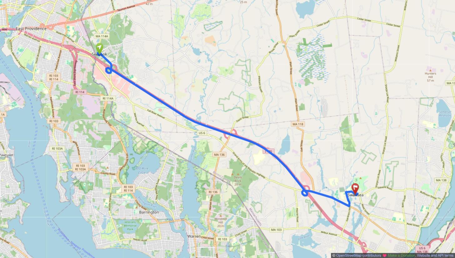 Map of the drive from Seekonk, MA to Swansea, MA