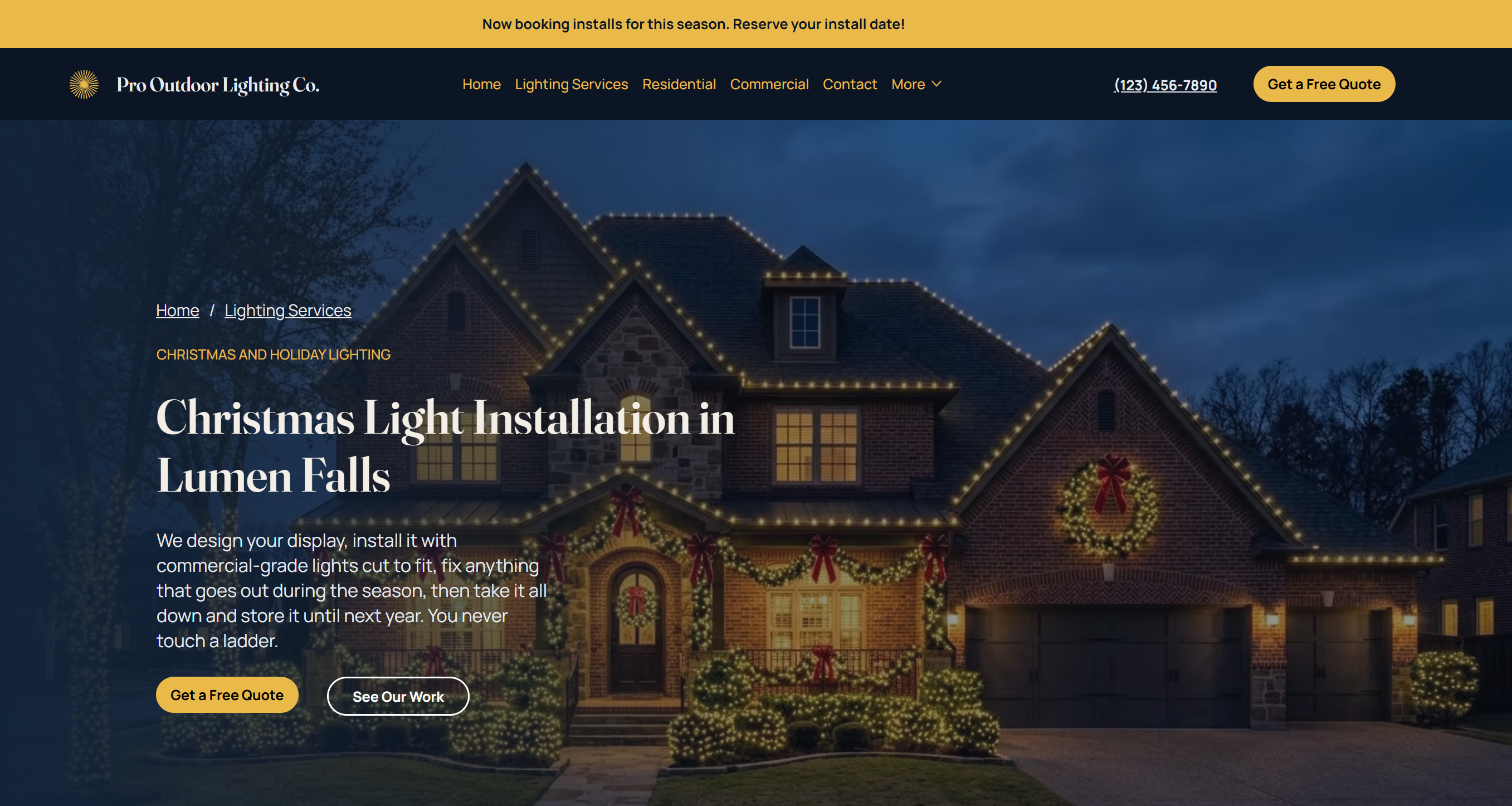 Christmas and Holiday Lighting service page hero with breadcrumbs, heading, body text, and Get a Free Quote and See Our Work buttons over a decorated brick home.