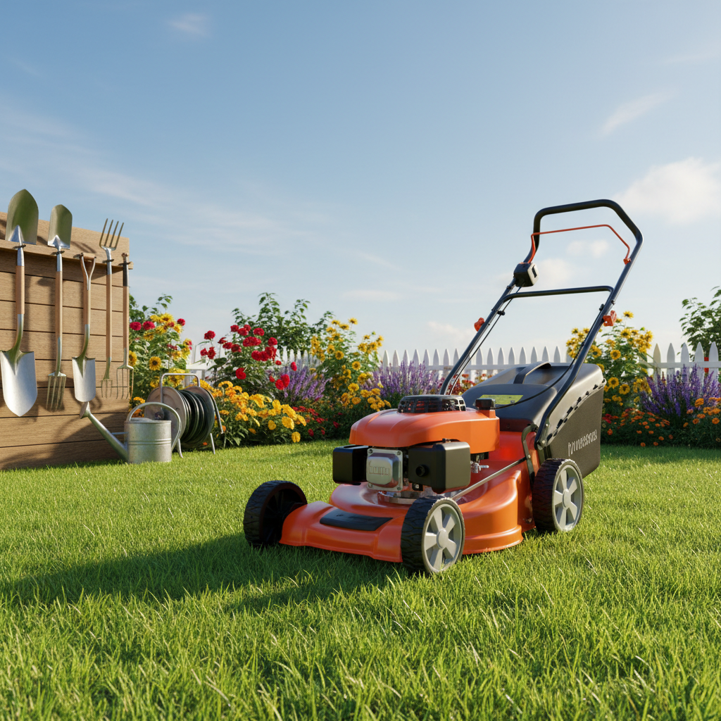Bright garden scene with orange lawn mower