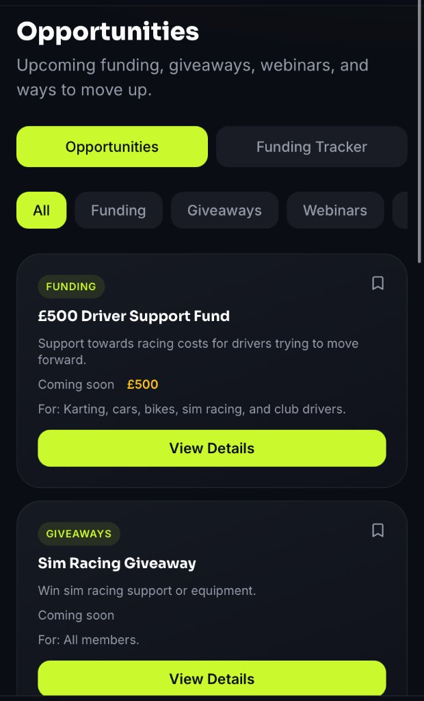 Opportunities feed showing funding and racing opportunities