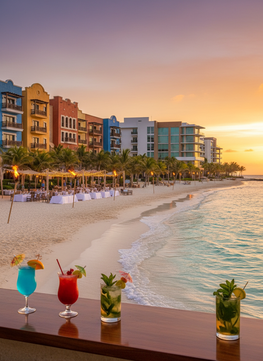 All-inclusive Mexican beach resort at sunset