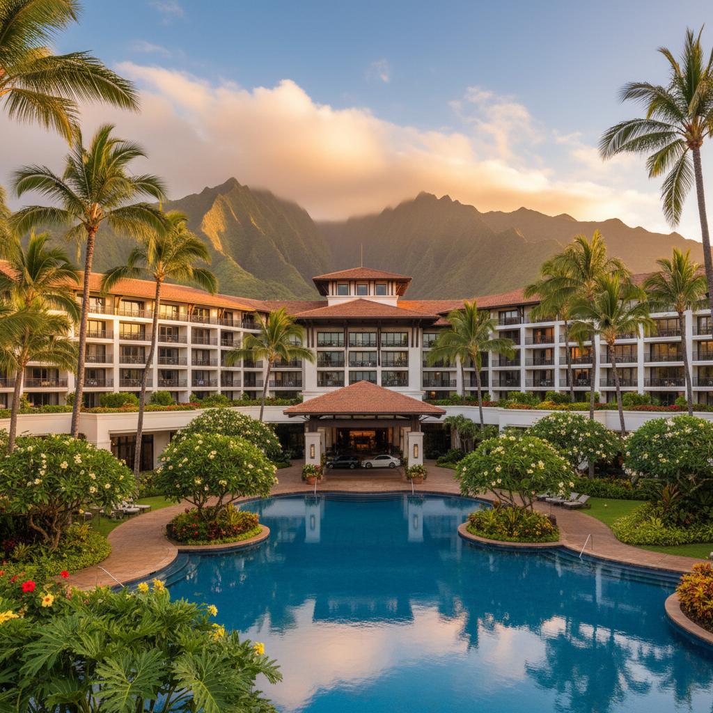 Luxury Hawaiian beach resort at golden hour with overwater bungalows