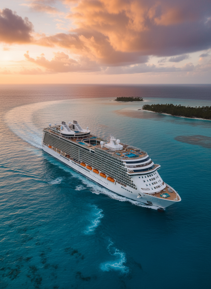 Luxury cruise ship sailing through turquoise Caribbean waters