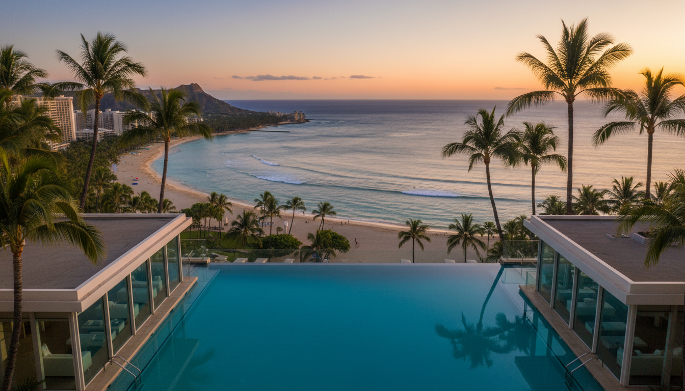Luxury Hawaiian resort infinity pool overlooking the Pacific Ocean at golden hour