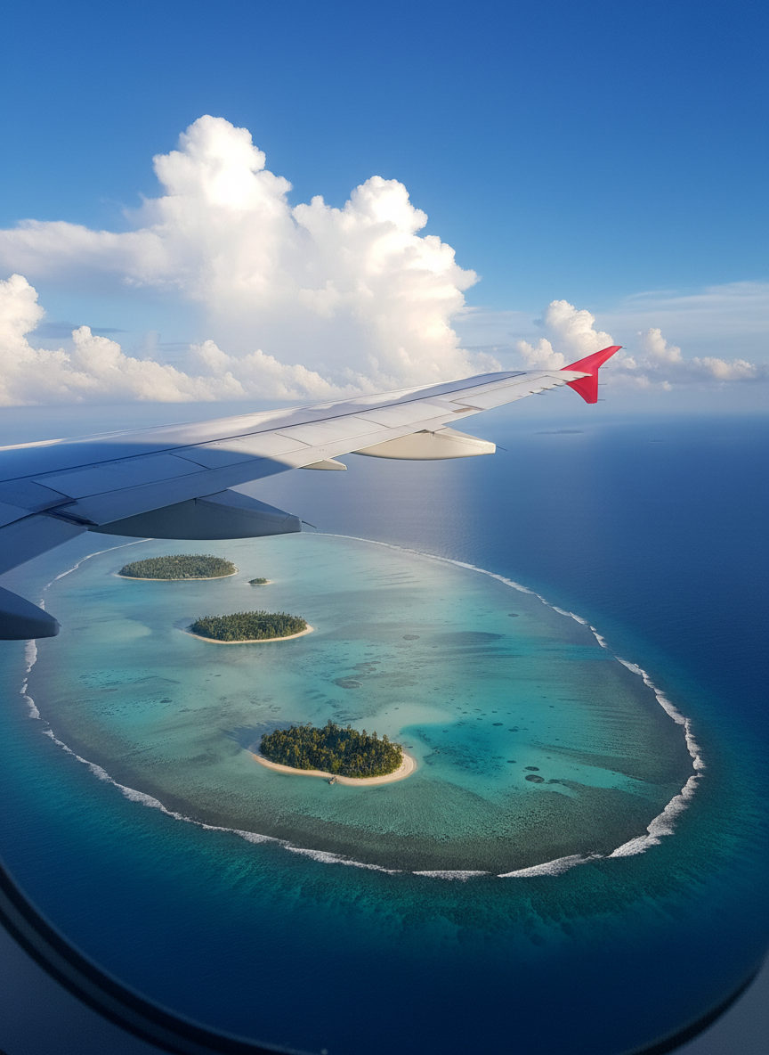 View from airplane window over tropical ocean