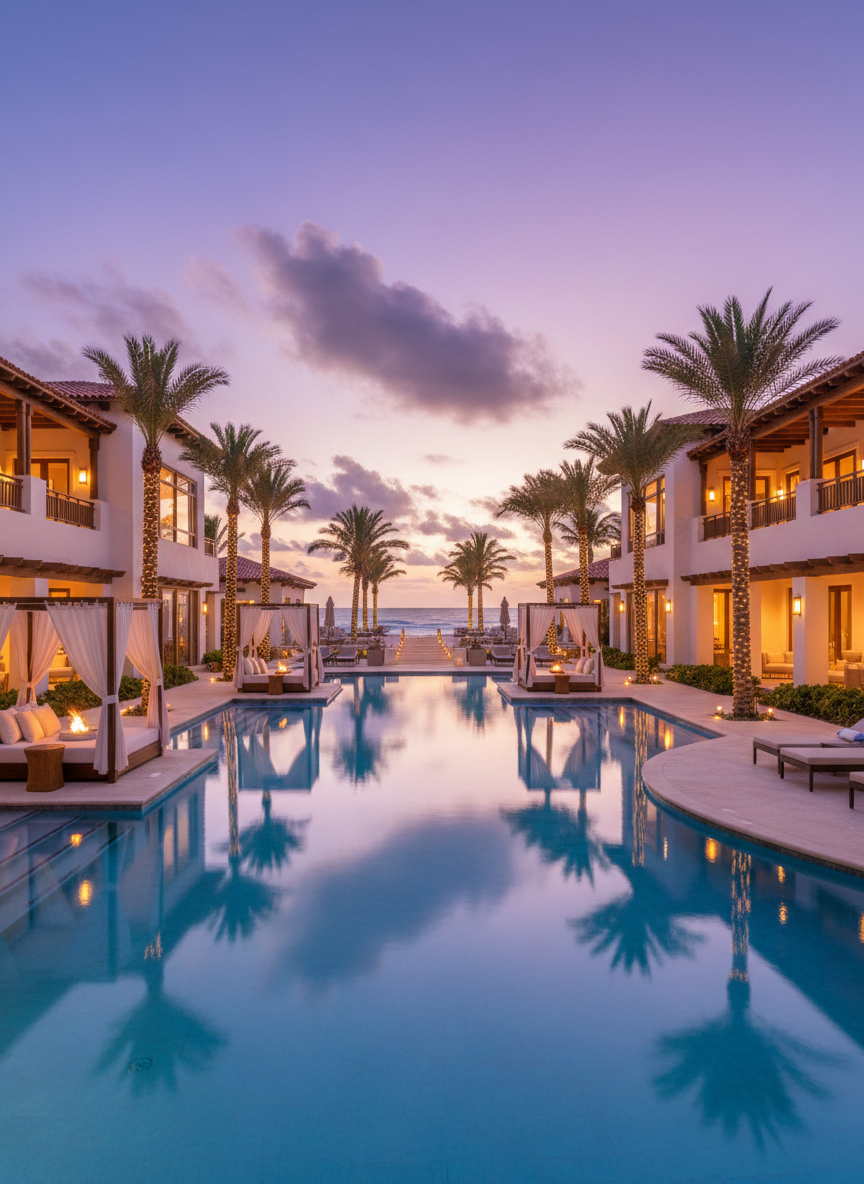 Beautiful resort at twilight with pool and palm trees