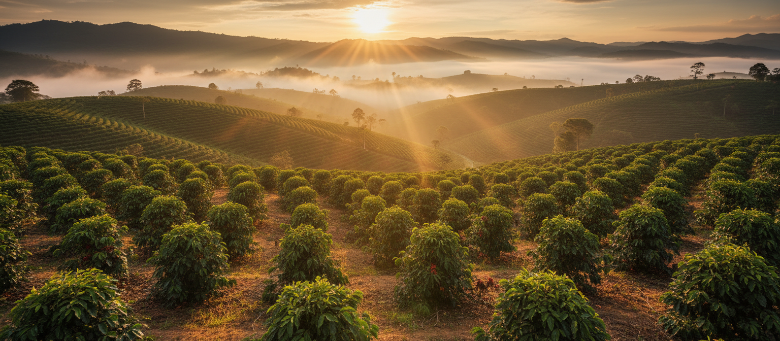 Plantación de café al amanecer con luz dorada
