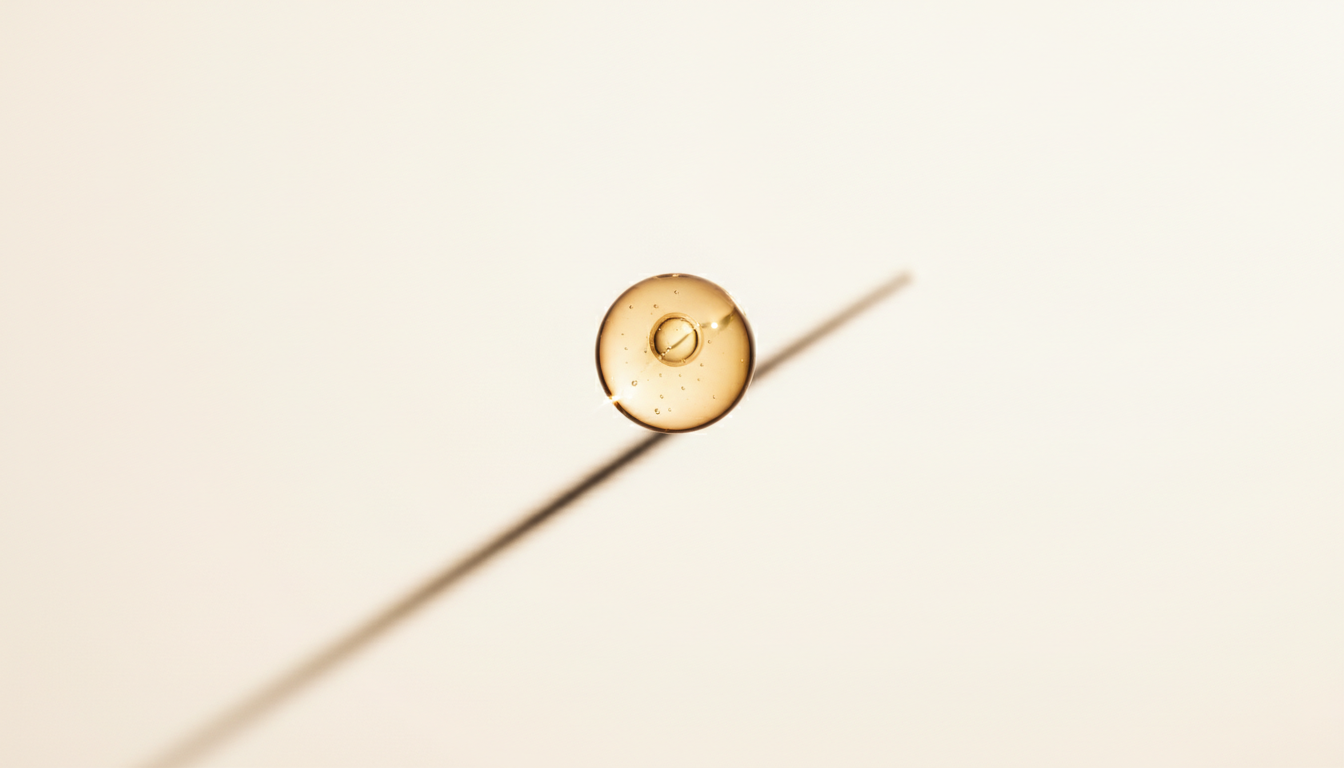 Golden serum droplet suspended in light, representing Olieny's advanced beauty science