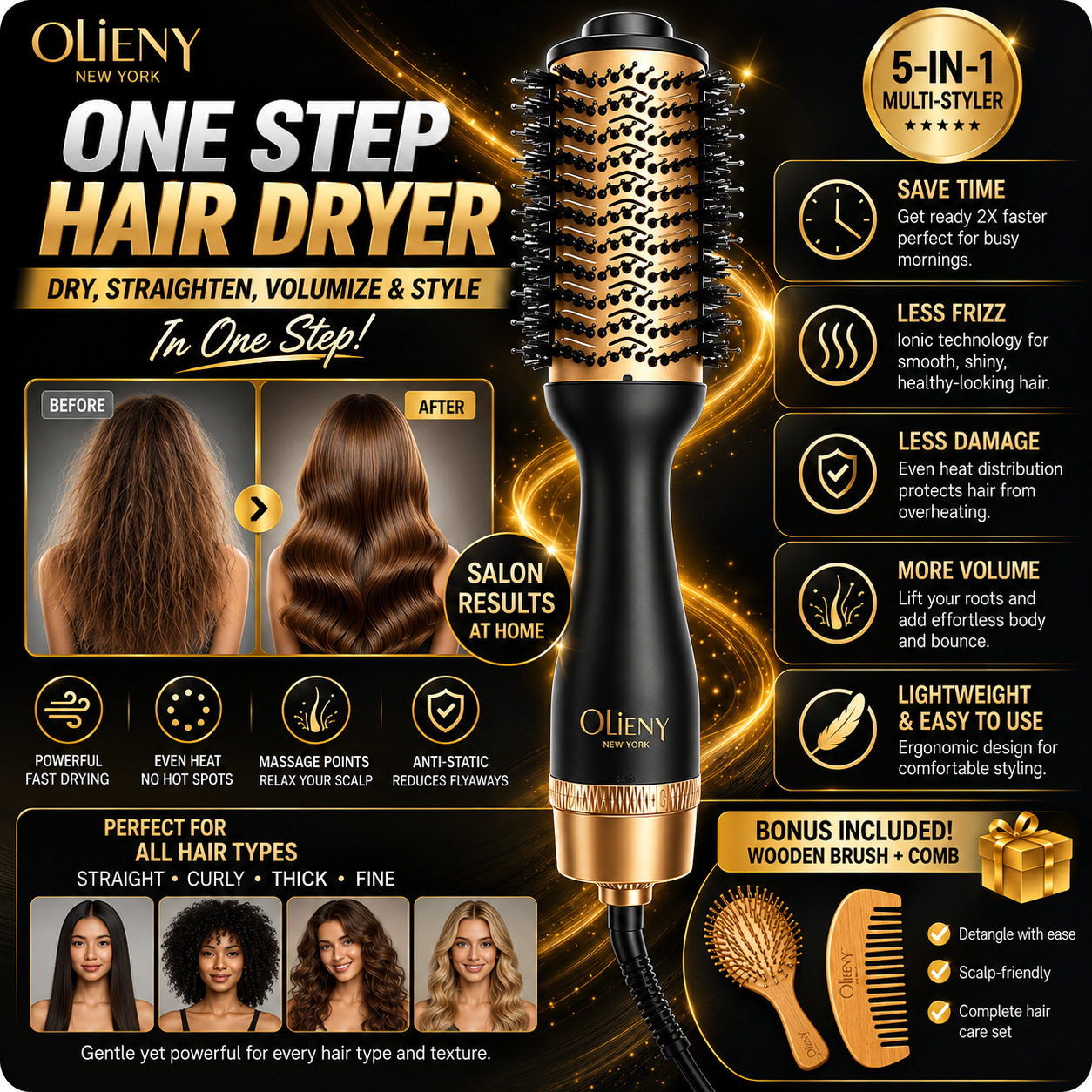 Olieny One-Step Hair Dryer 5-in-1 multi-styler features