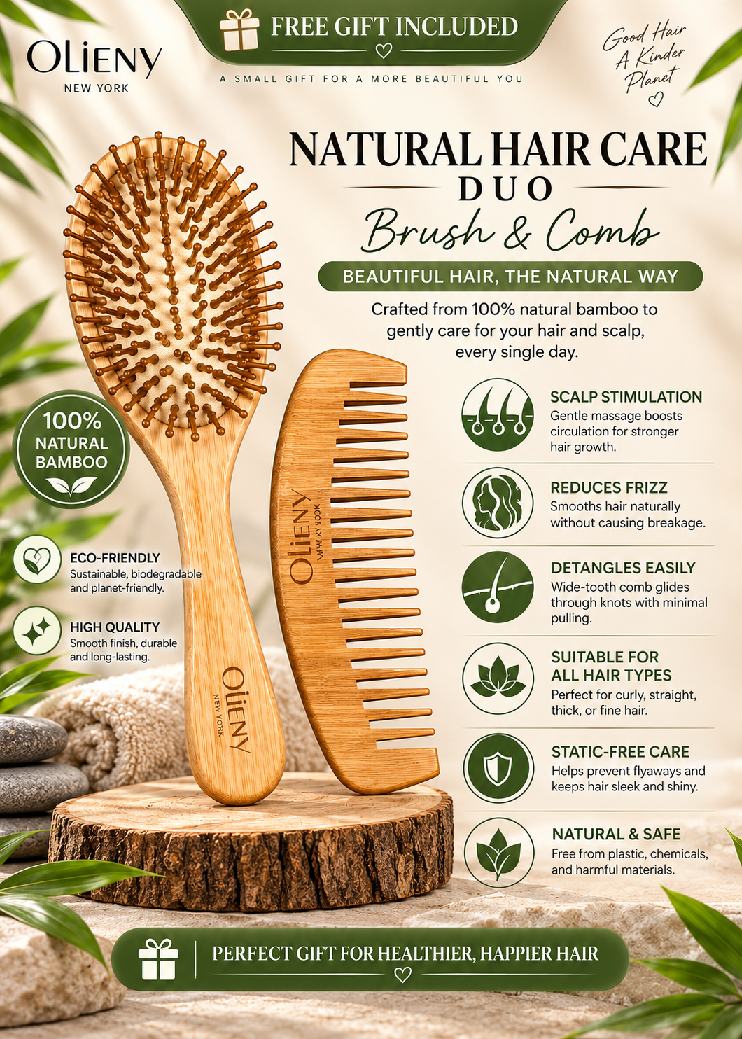 Olieny natural bamboo hair care free gift brush and comb included