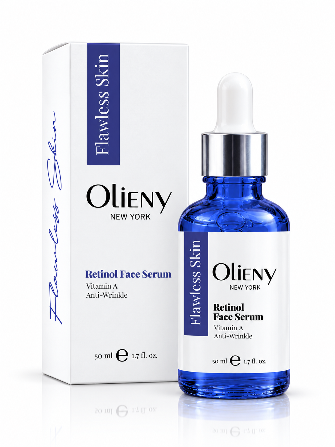 Olieny Flawless Skin Retinol Face Serum box and blue bottle for anti-aging