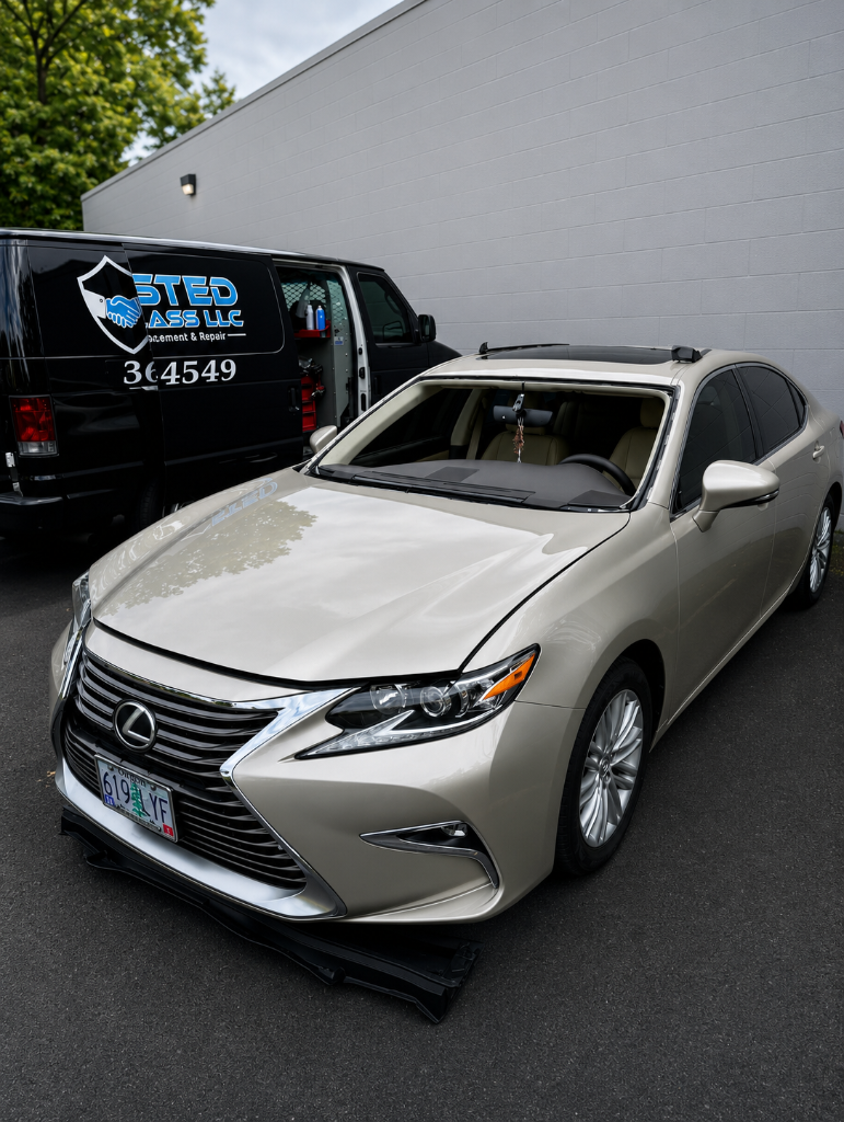 Lexus with windshield removed next to Trusted Auto Glass service van