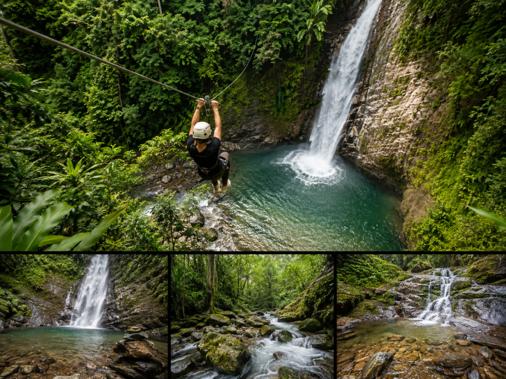 Zipline and waterfall adventure tour near Medellín in a lush Colombian rainforest