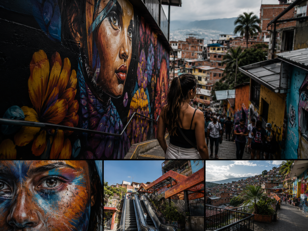 Comuna 13 graffiti tour in Medellín with colorful street art and outdoor escalators