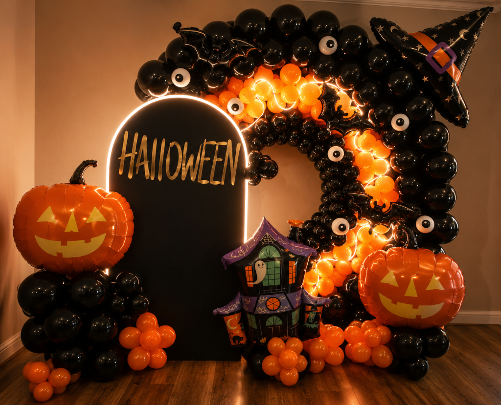 Halloween themed balloon arch with neon arch and pumpkins