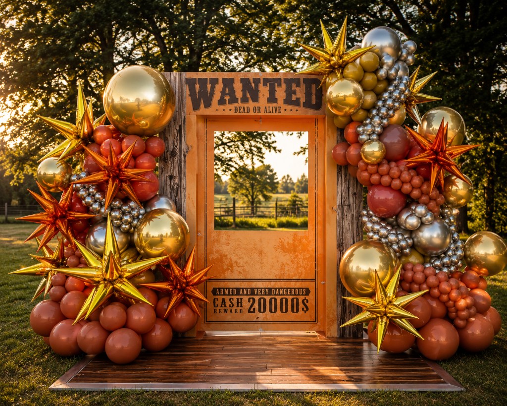 Wanted Dead or Alive western themed balloon arch installation