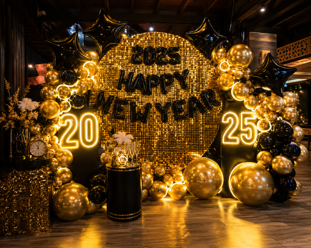 New Year 2025 gold balloon installation — @hallakbali