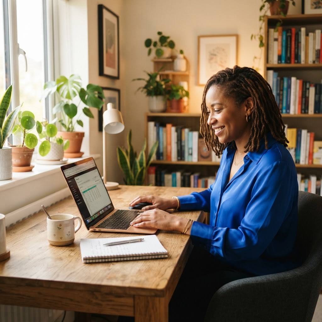 Business owner taking a moment to review her work in a bright, welcoming workspace
