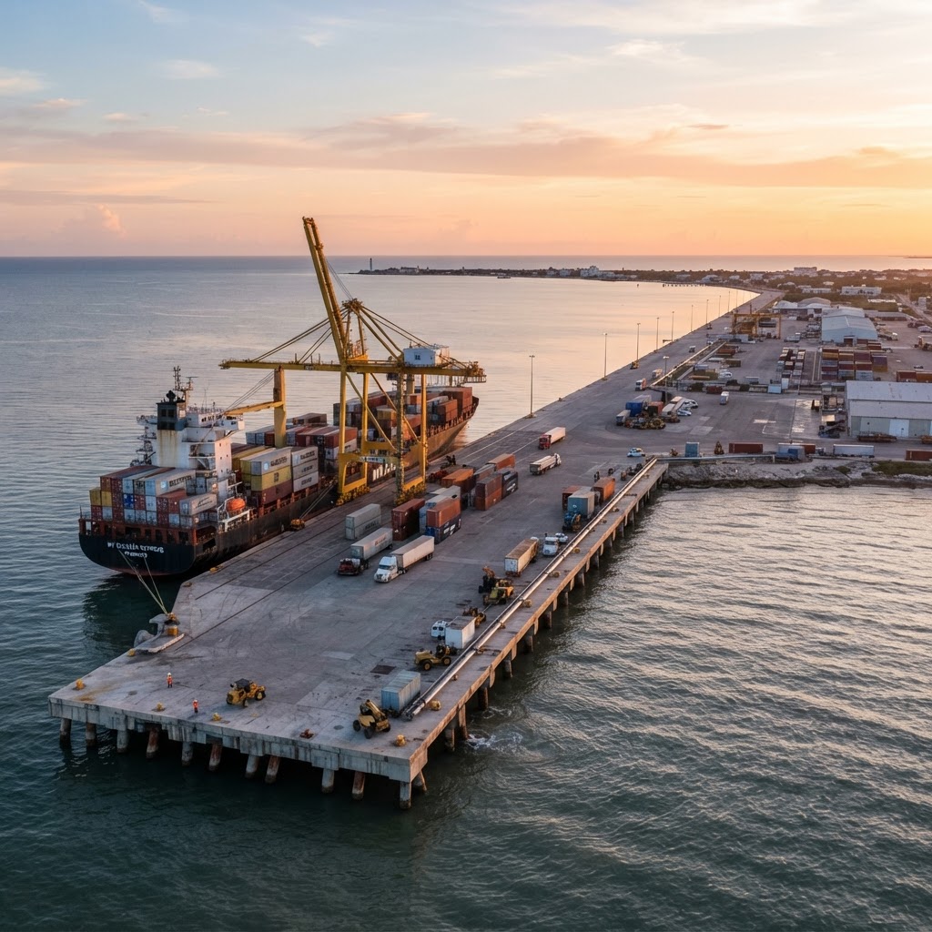 Vista del puerto de altura de Progreso con su malecón, grúas y un barco de carga al amanecer