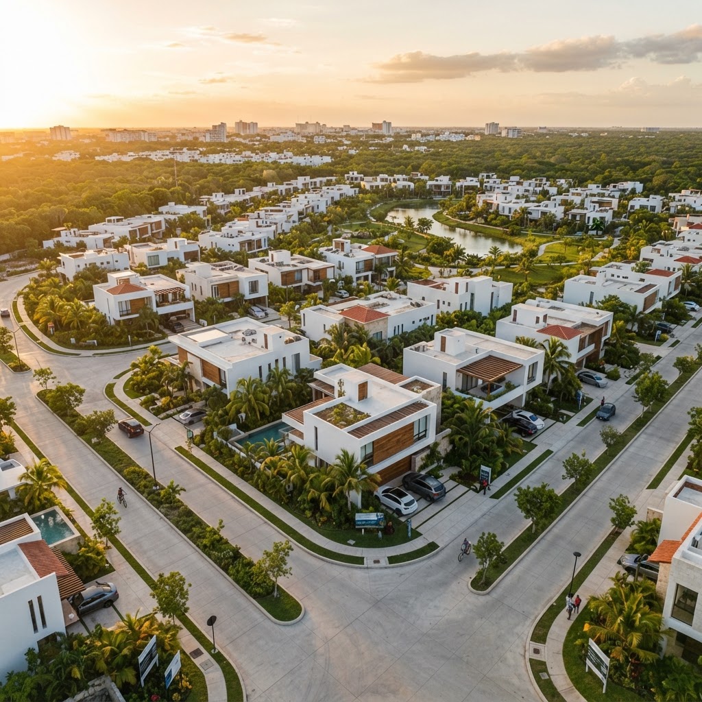 Vista aérea de una zona residencial en crecimiento al norte de Mérida, Yucatán