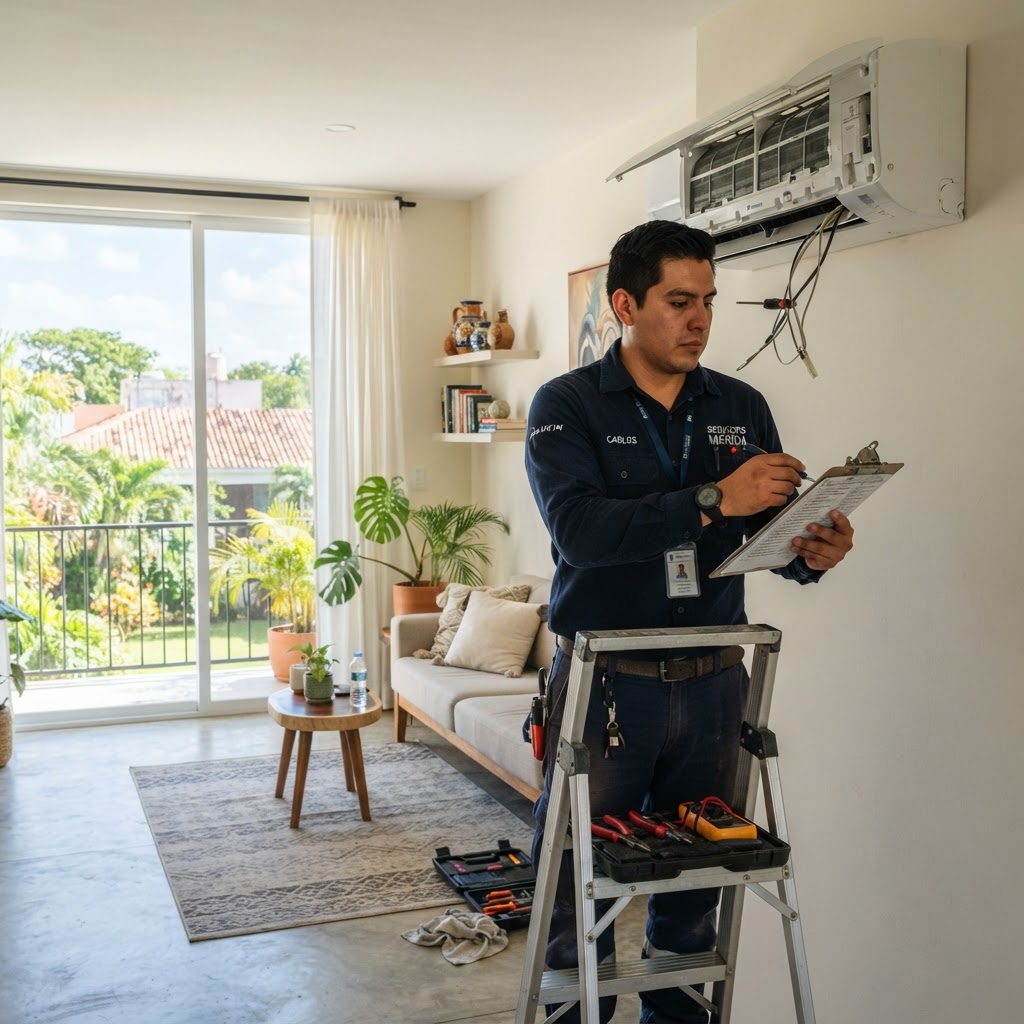 Técnico dando servicio preventivo a un minisplit en un departamento en renta en Mérida