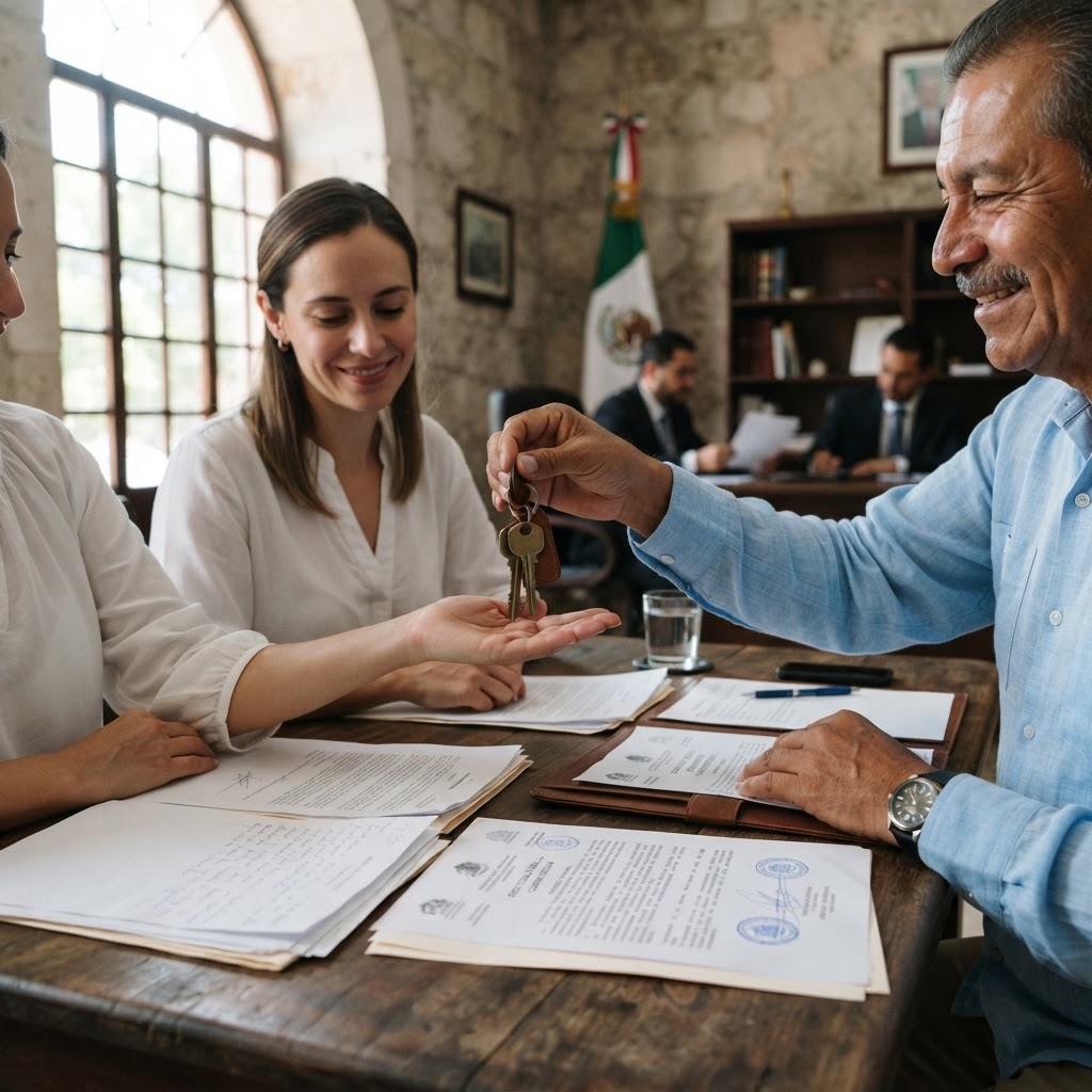 Entrega de llaves entre comprador y vendedor en el cierre notarial en Mérida