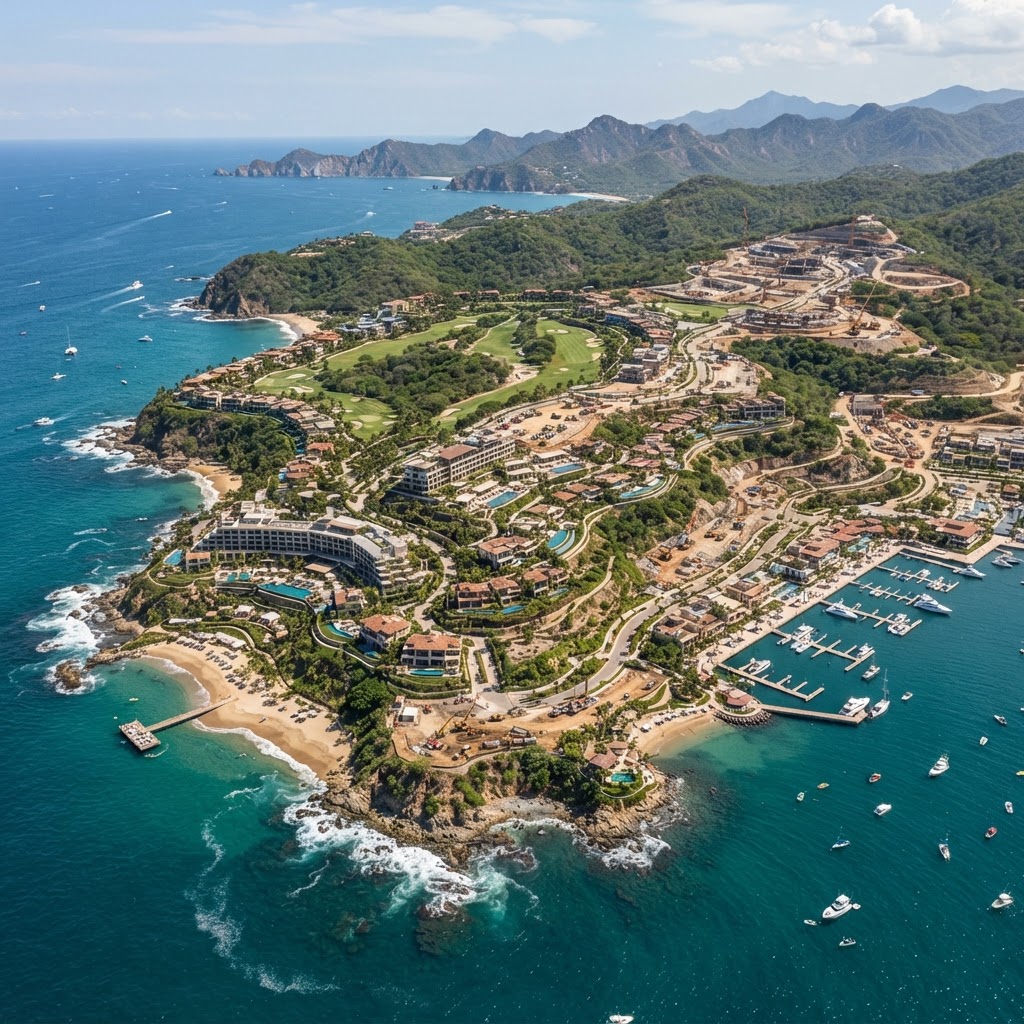 Fotografía aérea de plan maestro de desarrollo residencial y hotelero en la costa