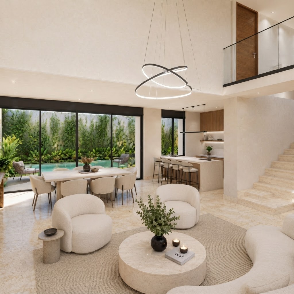 Interior de Casa Verona, residencia de dos niveles en Dzityá