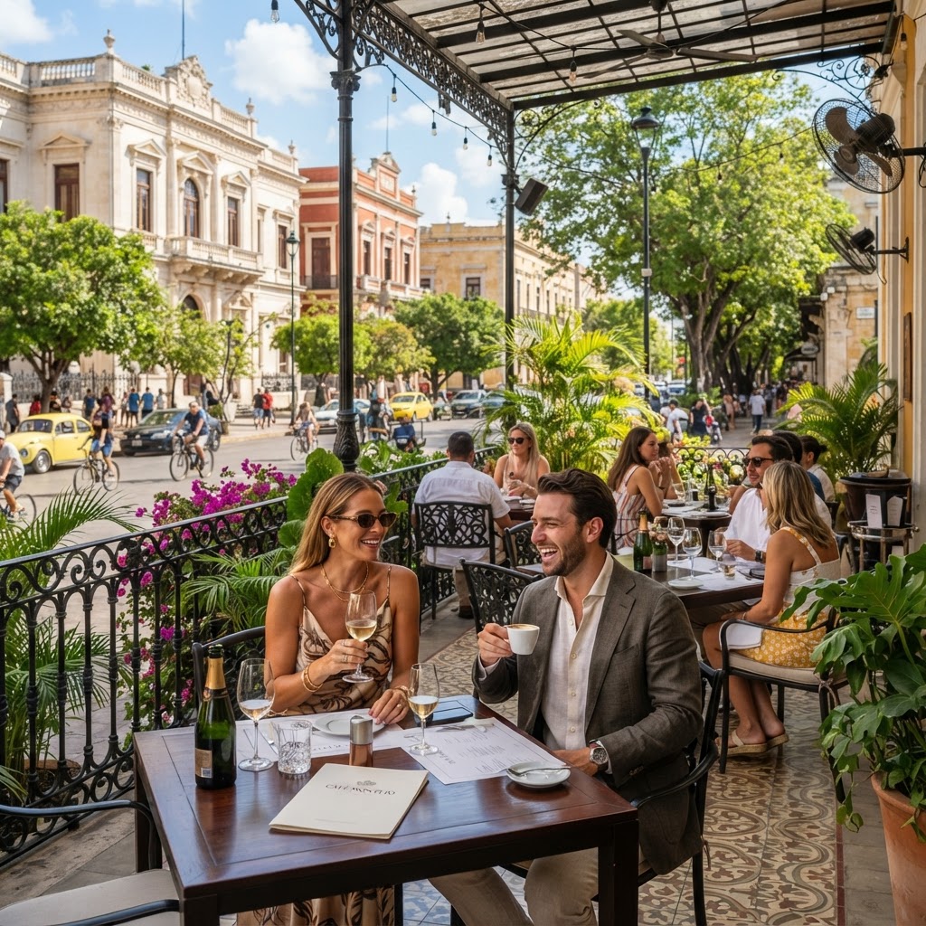 Estilo de vida sofisticado en una terraza café de Paseo de Montejo en Mérida Yucatán