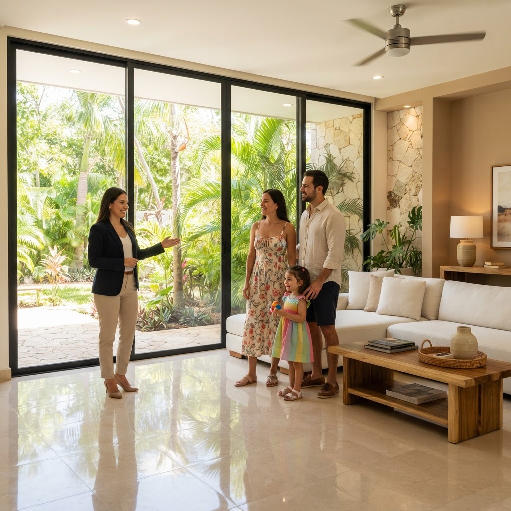 Interior luminoso de una casa en venta en Altabrisa Mérida durante una visita con asesor