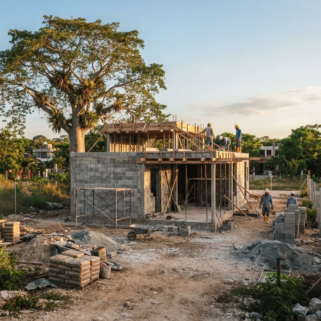 Construcción de una casa en un terreno de Conkal Yucatán con muros de block y andamios