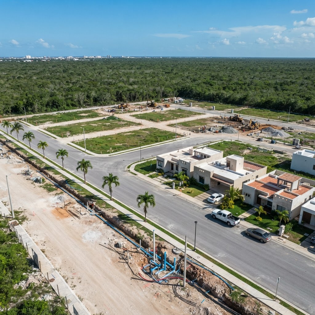 Vista aérea de calles nuevas, tuberías de agua y lotes con servicios en construcción al borde de Mérida