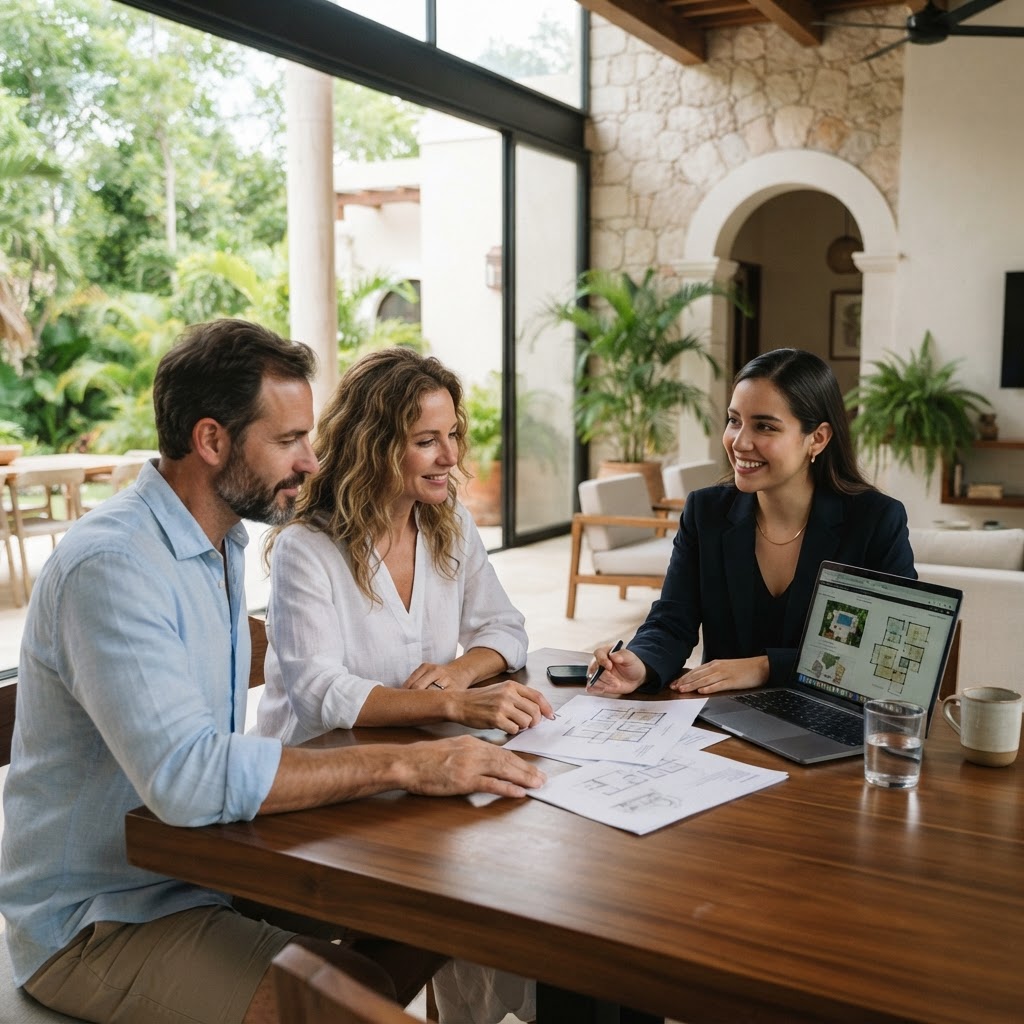 Compradores internacionales conversando con un asesor inmobiliario en Mérida