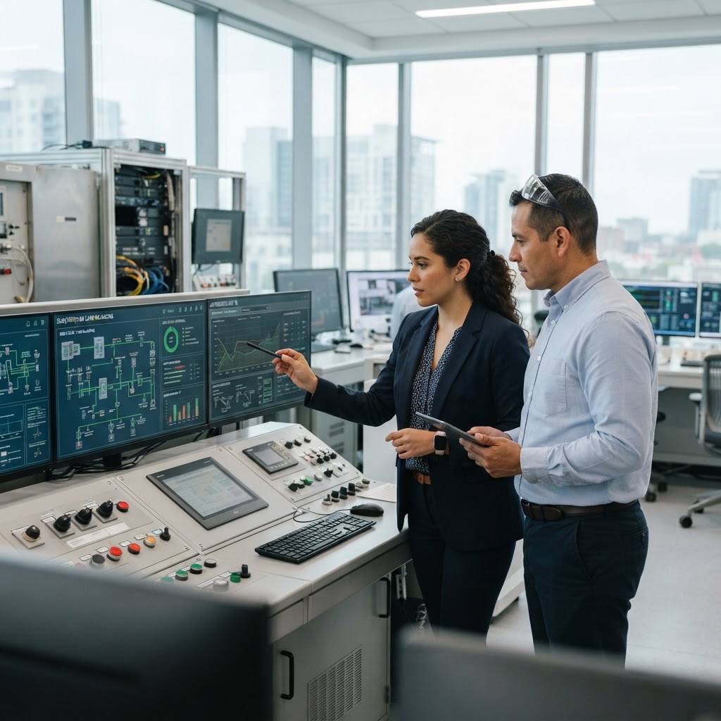 Ingenieros revisando pantallas de automatización industrial y diagnósticos de energía en un laboratorio tecnológico
