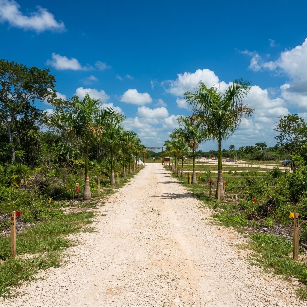 Vialidad interna de un desarrollo de terrenos en Conkal Yucatán con palmeras y lotes delimitados