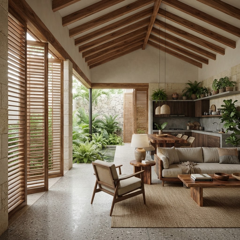Interior de residencia sustentable de lujo con materiales naturales en Mérida Yucatán